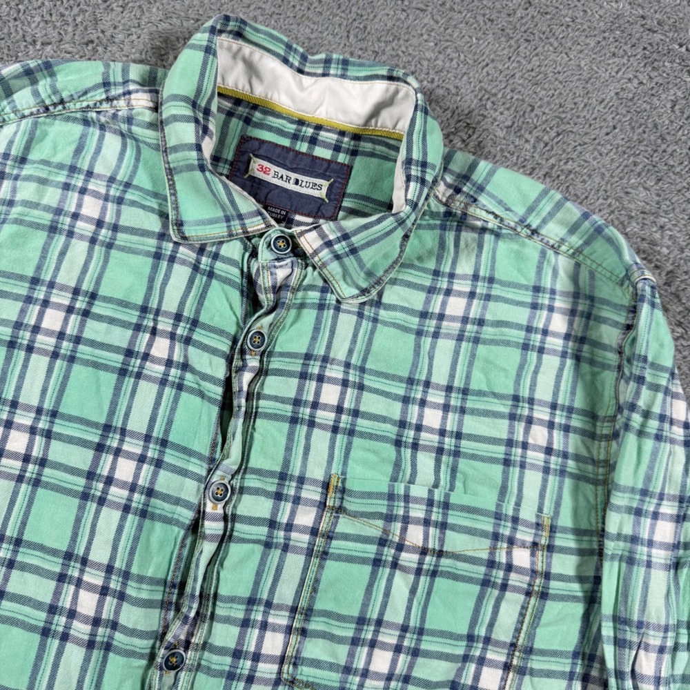 32 Bar Blues Button Up Flannel Shirt Mens Large Green Plaid Double face